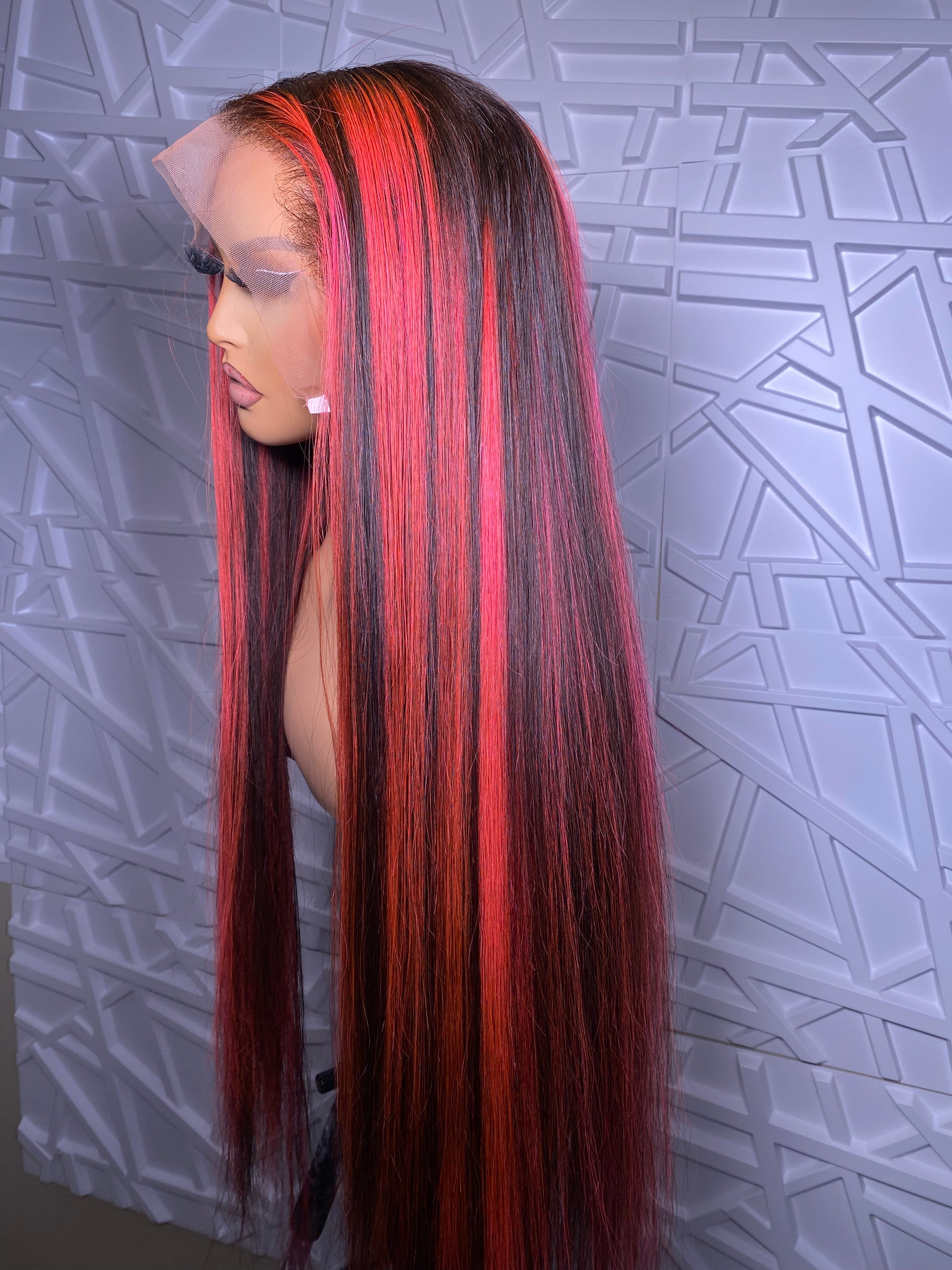 Raw Vietnamese wig, pink and black highlights, 30 inches, side view