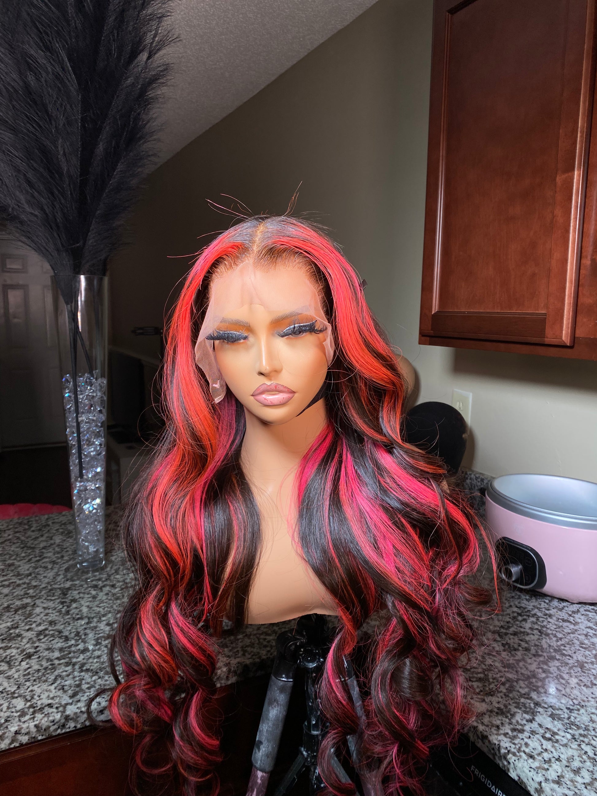 Raw Vietnamese wig, pink and black highlights, 30 inches, front side