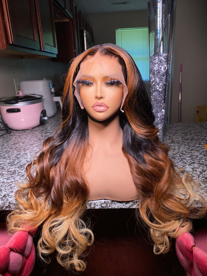 Raw Vietnamese wig, ombre brown blonde hair, front side