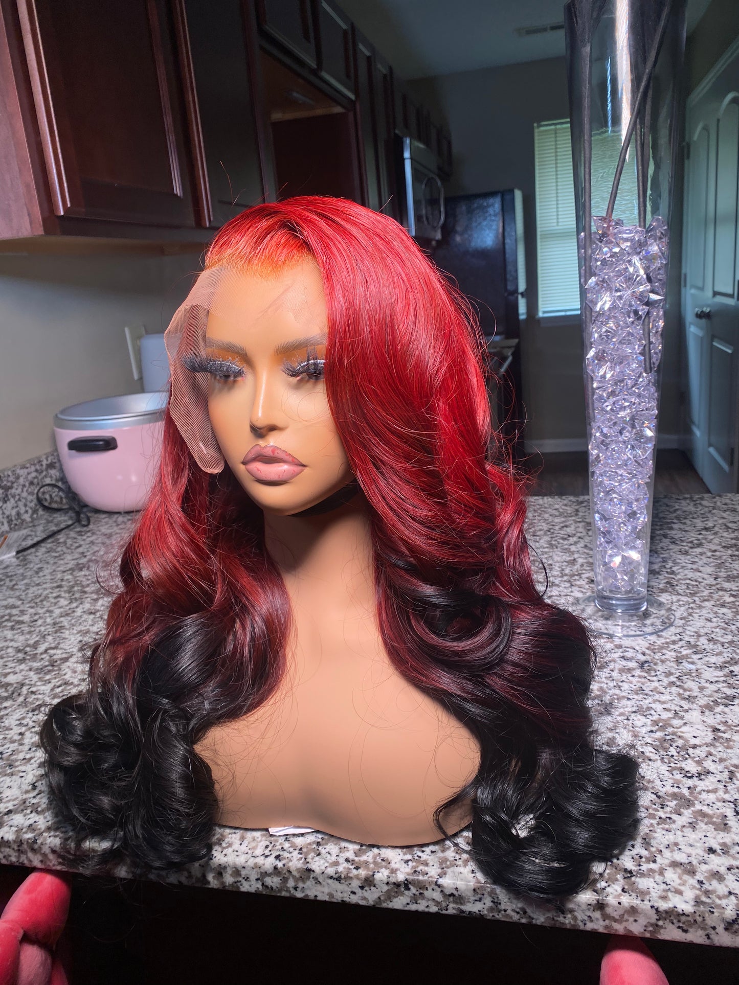 Raw Vietnamese wig, red and black ombre wig, side view